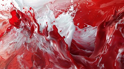A vivid and energetic clash of red and white paint, creating a chaotic splatter and swirling effect...