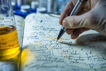 Scientist with a pen over chemistry formulas on handwritten notepads for assay note comparison, with a lab technician showing a scientific cylinder