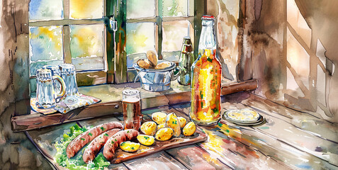 Grilled sausages, beer on wooden table in traditional restoran. panorama - obrazy, fototapety, plakaty
