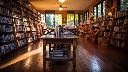A quiet bookstore with rows of shelves filled with books of all genres - obrazy, fototapety, plakaty