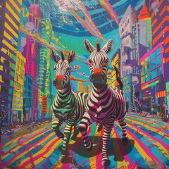 Urban Zebras: A Colorful Cityscape Splash