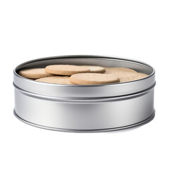 A blank metal cookie tin isolated on transparent background, png