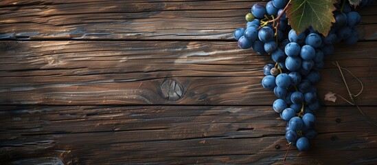 A cluster of blue grapes is suspended from a vine, highlighted against a rustic wooden background....