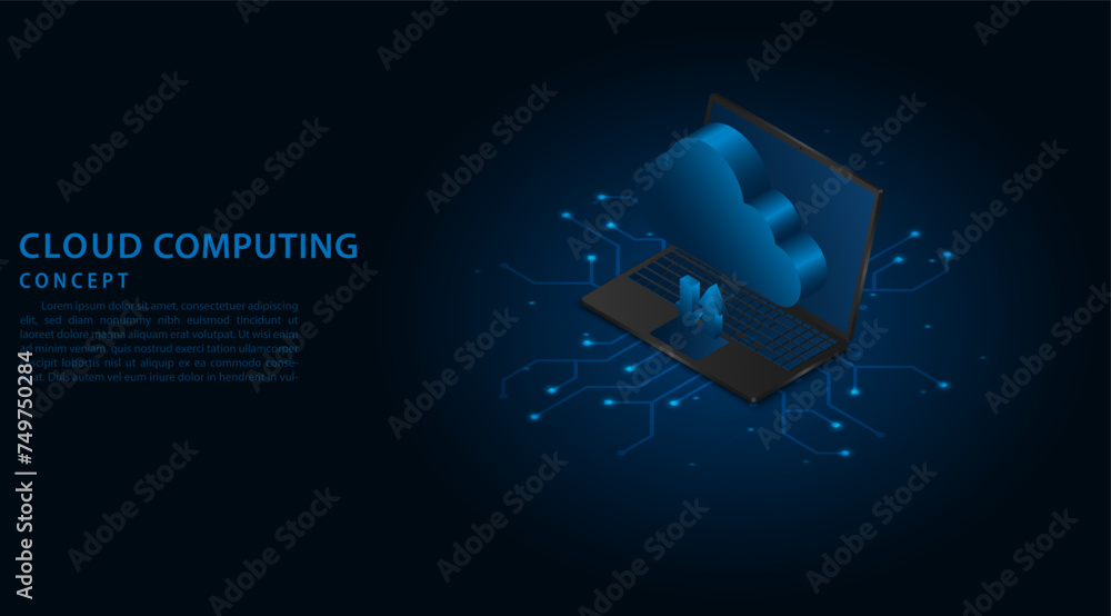 Poster Isometric cloud storage. A digital transfer data to a server or hosting service. Modern cloud computing technology and networking concept. online storage, vector illustration