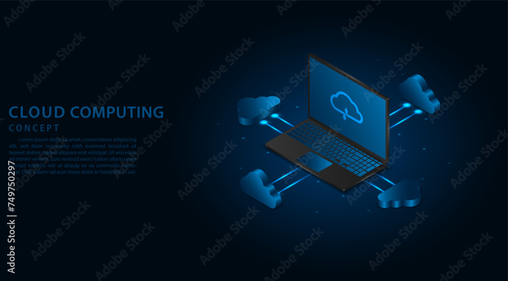 Poster Isometric cloud storage. A digital transfer data to a server or hosting service. Modern cloud computing technology and networking concept. online storage, vector illustration