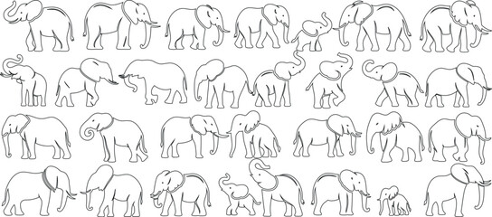 Elephant outline pattern, minimalist elephant line art, Ideal elephants for modern decor, wall art, prints. Captivating simplicity, artistic expression