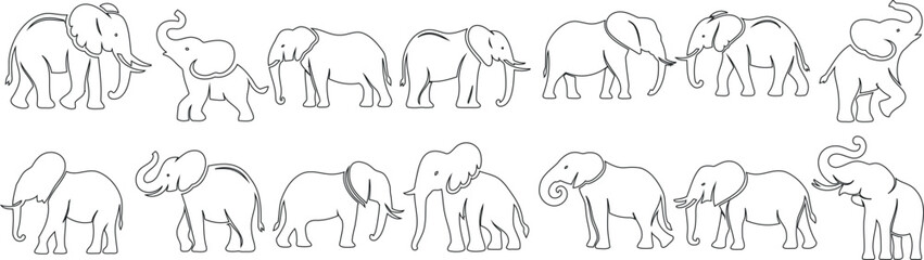 Fototapeta premium Elephant line art, minimalist elephant design, elegant sequence, showcasing movement, grace. Intricate artwork, beautifully crafted elephant outline