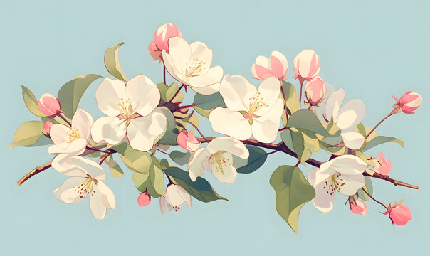 cherry blossom flowers and green leaves on a teal background with a light blue backgrould backround.Generative AI