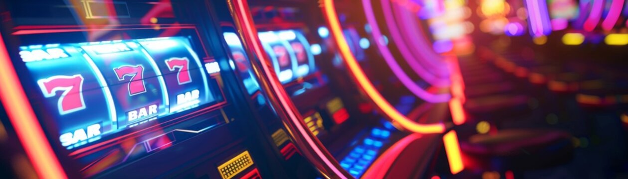 Bright close up view of a 3D illustration with a retro 8 bit slot machine in a random dynamic setting