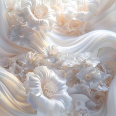 Close up of 3D white flora swirling in a futuristic setting with natural light depicted in a bright random way