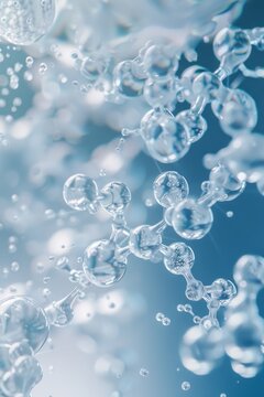 Close up bright depiction of water with a white fusion of atoms and DNA in a random setting