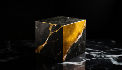 black and gold cube, marble, iron, pattern, scratches, cracks, odd, art, design, black background