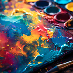 A close-up of a painter's palette with vibrant paint splatters.