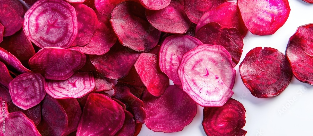 Poster a collection of sliced beets neatly arranged on top of a wooden table surface, showcasing their vibr