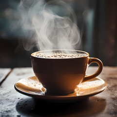 
A close-up of a steaming cup of coffee on a rainy day.