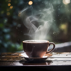 
A close-up of a steaming cup of coffee on a rainy day.