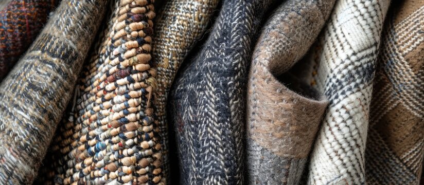 This collection showcases a variety of different colors and patterns of handmade tweed fabric, each unique in texture and design. The assortment presents a symphony of textures and colors that - Powered by Adobe