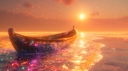A boat filled with glowing rocks sits on the ocean during a sunset.