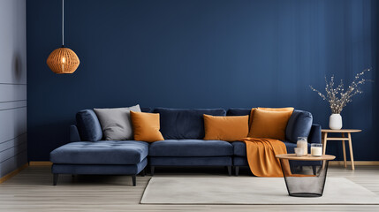 Chic Living Room with Navy Blue Sectional Sofa and Mustard Throw Pillows - obrazy, fototapety, plakaty