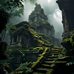 Naklejka premium Ancient ruins in a misty jungle.