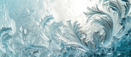 A detailed view of a frosted glass window showcasing a stunning ice design against a winter background. The intricate patterns of frost are visible on the textured surface of the glass.