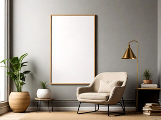 Blank poster frame in 3d reading interior room