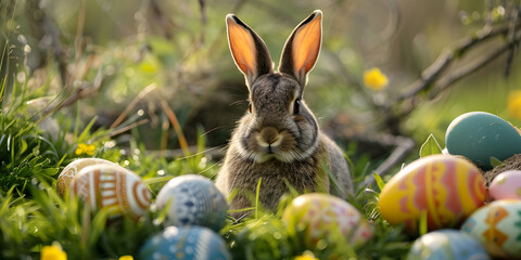 Fototapeta na wymiar Hunting for Eggs in Forest, Napping in Basket ,Rabbit with Easter eggs, Nature Easter background with rabbit and grass 