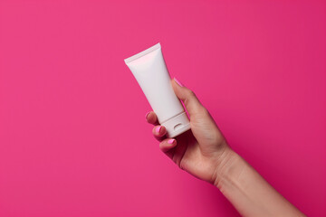 Hand holding blank white plastic tube on pink background. Cosmetic beauty product branding mockup. Copy space 