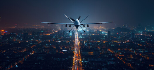 Urban surveillance unfolds as a drone navigates the night, symbolizing modern espionage methods