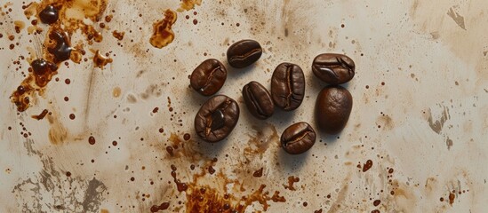 A cluster of coffee beans is arranged on top of a weathered, rusty surface. The beans sit amidst random stains, creating an intriguing contrast of textures.