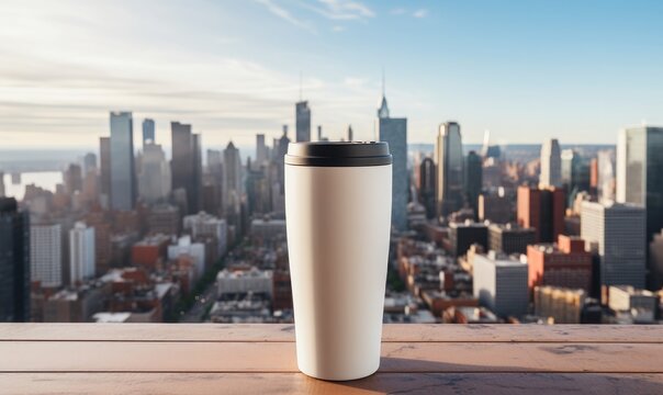  thermal travel mug with a cityscape background 