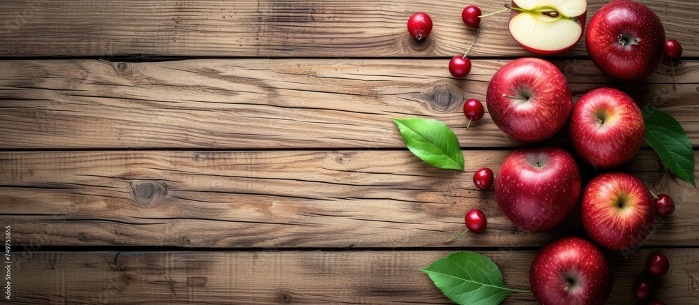 Poster a wooden table is covered with a variety of red apples, green leaves, and a halved apple slice. the 