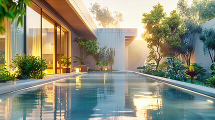 Modern Villa Living: Luxury Housing with Pool, Garden, and Skyline View