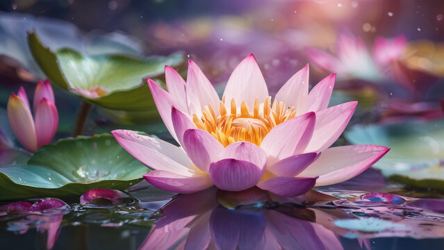 Buddhist image of a pink lotus flower blooming in a calm lake generative ai