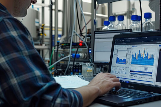 Chemical engineer utilizing analysis software on a laptop within a research lab