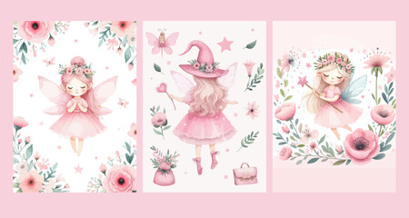 Watercolor Illustration set of Cute Fairy and flowers.