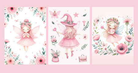 Watercolor Illustration set of Cute Fairy and flowers. © ku4erashka