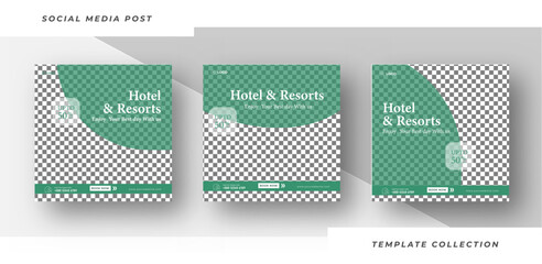 Hotel for sale resort social media post design template
