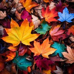 Colorful autumn leaves on a forest floor. 