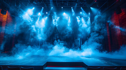 dark stage with lights and smoke. The lighting is coming from various sources