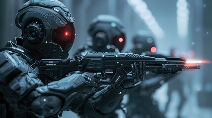 Fototapeta premium Futuristic Soldiers with Sci-Fi Weapon in Hands Ready for the Battle, Space War Concept
