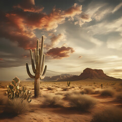 Desert landscape with a lone cactus under a dramatic sky.