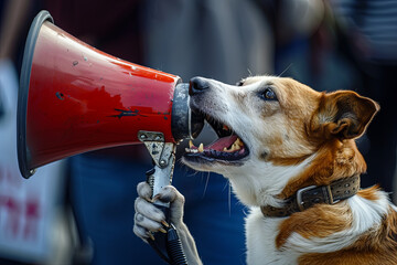Dog yelling into a red and white megaphone - obrazy, fototapety, plakaty