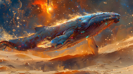 a whale in a desert. The whale is covered in stars gems and sparkles, and there is a sunset in the background. - obrazy, fototapety, plakaty