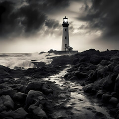 Fototapeta na wymiar Dramatic black and white photo of an old lighthouse