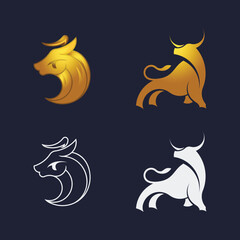 remium, Simple, Modern, Serious, Gold Colored Bull Silhouette Logo Set For Business, Financial, Sport, Multimedia, Advertisement Company Services With Dark Navy Blue Background
