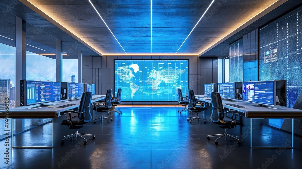 Poster in an office building, a row of computer monitors sits on a desk, creating a symmetrical display. th