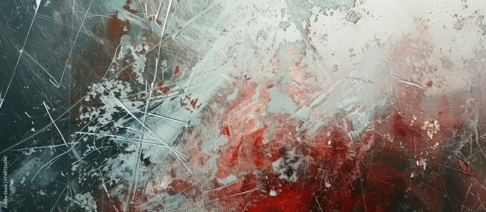 Poster this abstract painting showcases a dynamic composition of red and white colors, with bold brushstrok