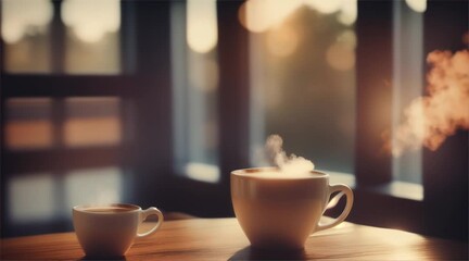 Cup of coffee or cappuccino with smoke in a cozy cafe setting.