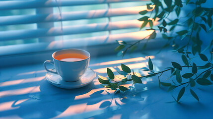 Cup of Zen: Aromatic Morning Tea, Healthy Beverage on Wooden Table with Fresh Herbal Aroma